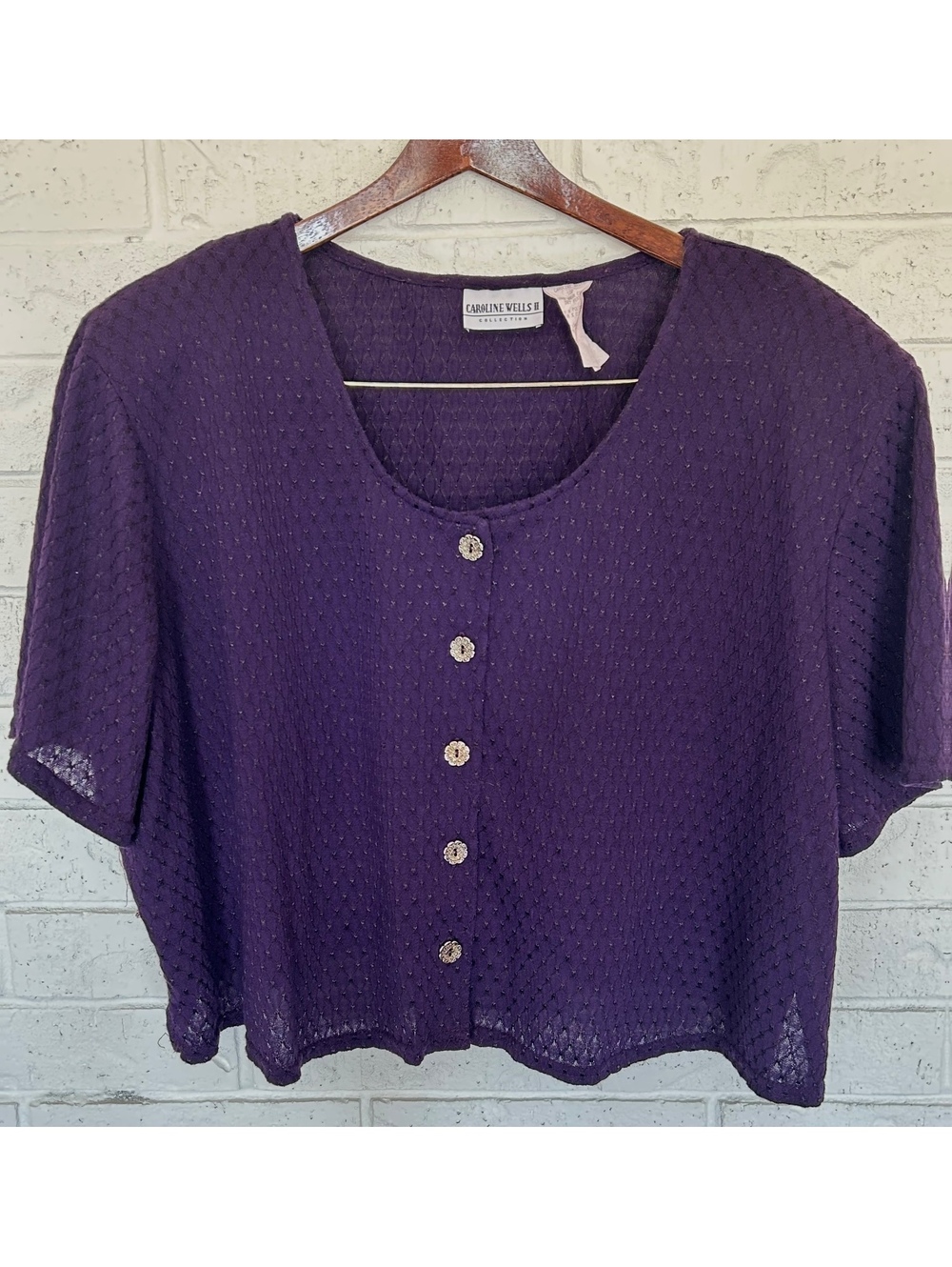 Vintage Caroline Wells Purple Pointelle Knit Cropped Button up Cardigan Sz 24